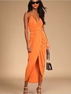 Lulus Dreamy Date Orange Surplice Midi Dress New XL Women's Party Colorful